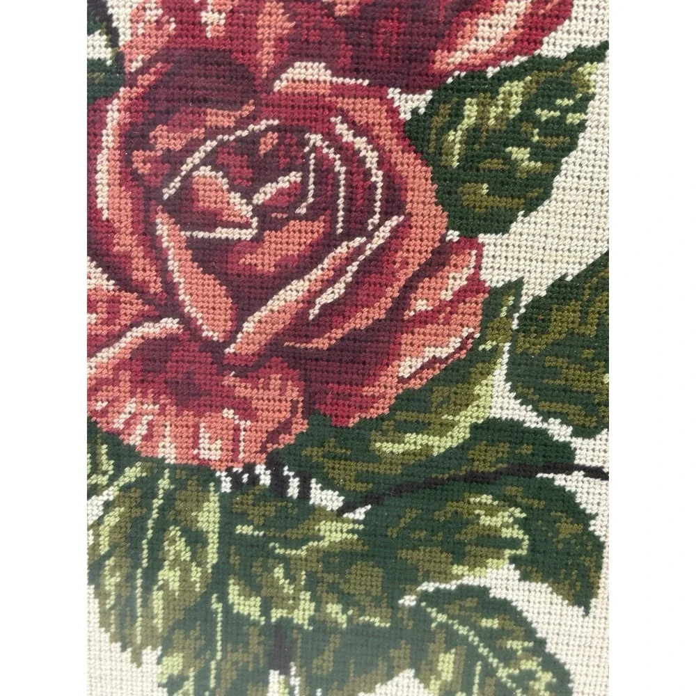 Vtg Framed Floral Roses Needlework Art Rectangular Gallery Wall Kitschy